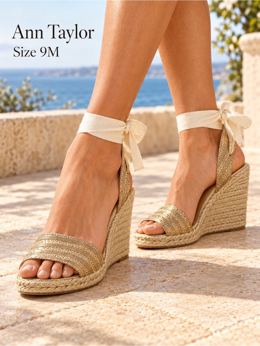 Ann Taylor Gold Metallic Ankle Tie Espadrille Wedge Sandals 9M NWOT